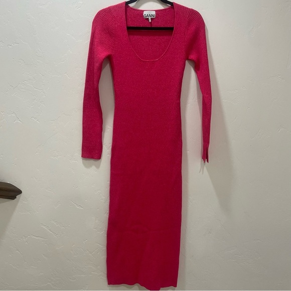 EUC Ganni Marled Ribbed Knit Midi Dress Fuchsia Pink Long Sleeve Stretch Small - Picture 5 of 16